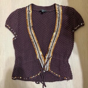 Y2K Bebe Brown Sequin Trim Knit Tie Front Cardigan Vintage 2000s Streetwear